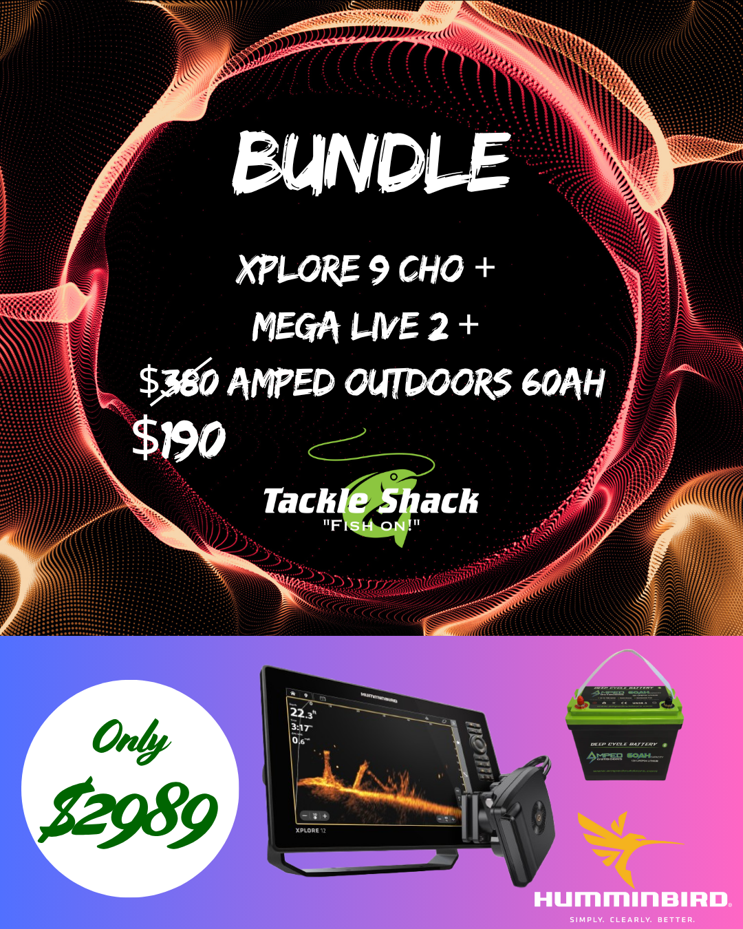 Humminbird Xplore, Mega Live 2, & 50% off Amped Outdoors 60ah Battery Bundle